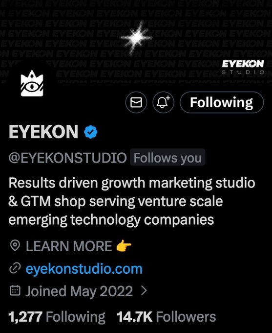 A Twitter/X profile page for EYEKON (@EYEKONSTUDIO), a results-driven growth marketing studio and GTM shop serving venture-scale tech companies, with 14.7K followers.