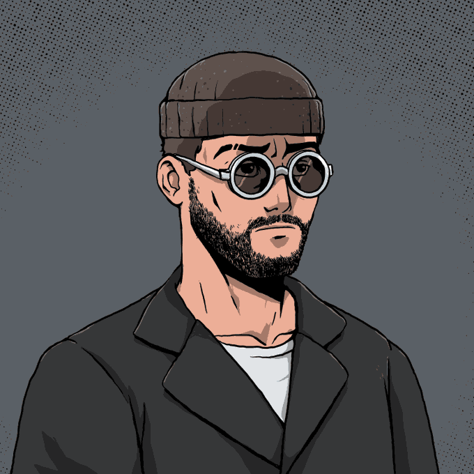 An illustrated portrait of a bearded man wearing a dark beanie, round glasses, and a black coat against a gray background.