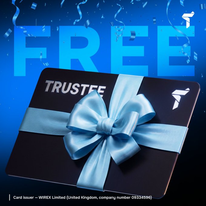A promotional graphic showing a black card labeled 'TRUSTEE' with a blue ribbon and bow, set against a blue background with the word 'FREE' and confetti. The card issuer is listed as WIREX Limited (United Kingdom).