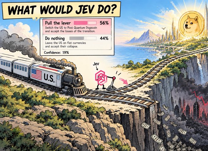 A cartoon illustration titled "WHAT WOULD JEV DO?" shows a stick figure labeled "Jev" pulling a lever to switch train tracks toward a glowing city with a Doge coin, away from a cliff dropping into a fiery abyss, with a poll showing 56% to "Pull the lever."