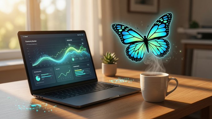A laptop displays a glowing blue and green data dashboard on a wooden desk next to a steaming mug of coffee and a glowing blue butterfly hologram.