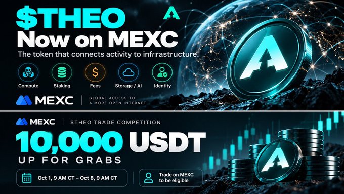 A promotional banner for the $THEO token listing on MEXC exchange, advertising a $10,000 USDT trade competition running from October 1 to October 8.