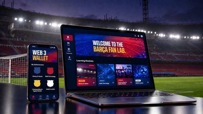 A laptop and smartphone display the 'Barça Fan Lab' Web3 Wallet interface with 'Welcome to the Barça Fan Lab' and learning modules, set against a backdrop of a soccer stadium.