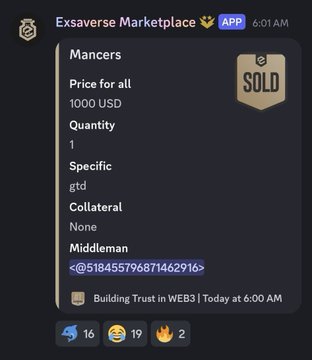 A Discord message in the Exsaverse Marketplace shows a "Mancers" whitelist spot marked SOLD at 1000 USD, posted in the "Building Trust in WEB3" channel, confirming the claim that Chain Mancer mint whitelist spots on Robinhood are being sold for $1,000.