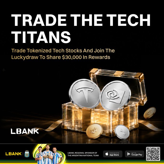 A promotional ad for LBank featuring bold text "TRADE THE TECH TITANS" alongside an open treasure chest overflowing with gold and silver tokenized coins, including those branded with Tesla (TSLA) and NVIDIA logos, advertising a $30,000 reward lucky draw for trading tokenized tech stocks—complementing the post's call to action to trade on lbank.com/event-new/1000.