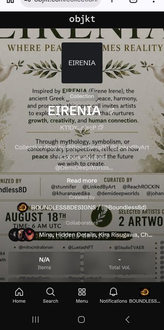 A mobile screenshot of the 'objkt' NFT marketplace showing a pop-up for the 'EIRENIA' collection by @Boundless8d, with text describing it as inspired by the ancient Greek goddess Eirene and curating artists like @Mina, @Hidden_Details, and @Rira_Risugawa.