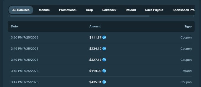 A dark-themed sportsbook bonus history screen showing transactions like $111.87, $234.12, $327.17, $119.08, and $435.01 dated 7/25/2026, with categories including Manual, Promotional, Drop, Rakeback, Reload, Race Payout, and Sportsbook Pro.