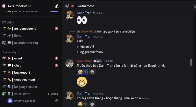 A Discord server for Axis Robotics showing the Vietnamese language channel, with users 'Danh Tran' and 'QuocThaiz' conversing in Vietnamese about task rankings and FOMO.