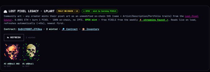 A dark-themed NFT minting webpage displays 'LOST PIXEL LEGACY • L1ART' collection details with refresh statistics showing 0 winners from 2 mints, featuring pixel art of a flame and skull.