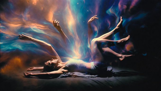 A surreal illustration shows a reclining woman on dark fabric with multiple raised arms and legs extending upward through colorful blue, gold, and black light.