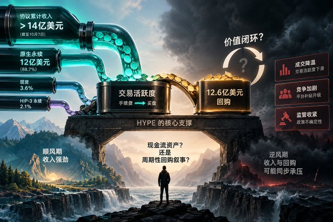 An infographic in Chinese discussing the Hyperliquid ecosystem, featuring a central mechanism labeled 'HYPE的核心支撑' (HYPE's core support) with pipes feeding into it.