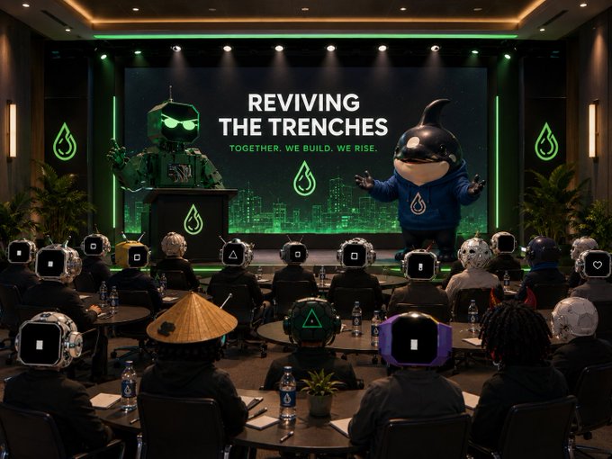 A conference scene titled 'REVIVING THE TRENCHES - TOGETHER. WE BUILD. WE RISE.' featuring two mascot characters on stage presenting to an audience wearing various robot-style helmets.