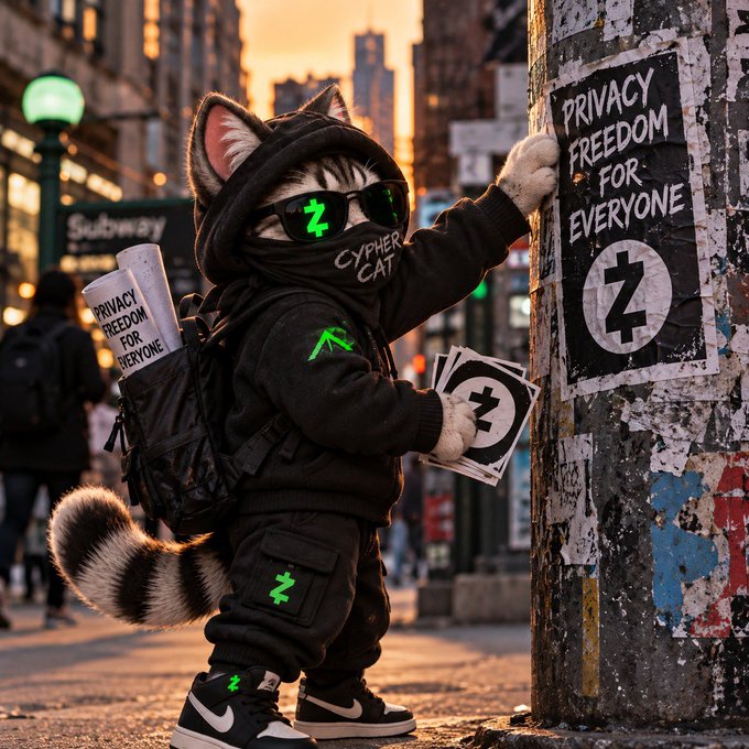 An AI-generated image of a cat dressed in black hoodie and sunglasses with 'Z' symbols, pasting 'PRIVACY FREEDOM FOR EVERYONE' flyers on a pole in a city.
