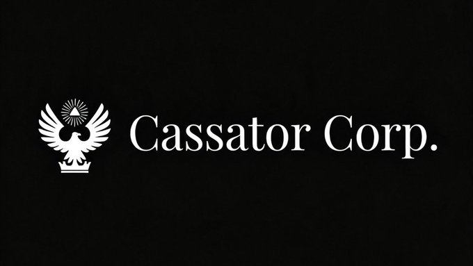 The image features a black background with a white logo of an eagle above a crown, alongside the text "Cassator Corp." in an elegant serif font, suggesting a corporate or branding image. This appears to be a title card or branding image, though it does not directly relate to the Sl8 Social platform described in the accompanying text.