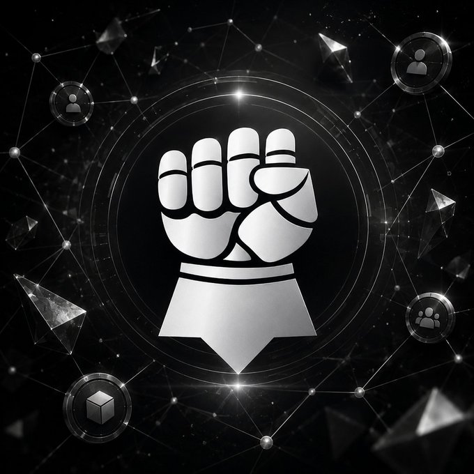 A silver fist logo resembling a clenched hand inside a circular emblem, surrounded by a network of connected nodes and user icons on a black background.