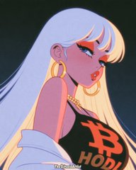 An animated illustration of a woman with long white hair, large hoop earrings, and red lipstick, wearing a black tank top with 'B' and 'HODL' printed on it.