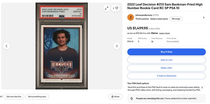 An eBay listing shows a '2022 Leaf Decision #213 Sam Bankman-Fried High Number Rookie Card RC SP PSA 10' priced at 'US $1,499.95' or best offer.