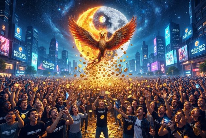 A massive crowd cheers beneath a glowing golden phoenix emerging from a moon, showering golden coins onto the audience, while digital billboards and fans' shirts display "HUMA BIRD MEME COIN," visually capturing the excitement of the new $HUMABIRD Buy Challenge aiming to push the token toward Raydium.