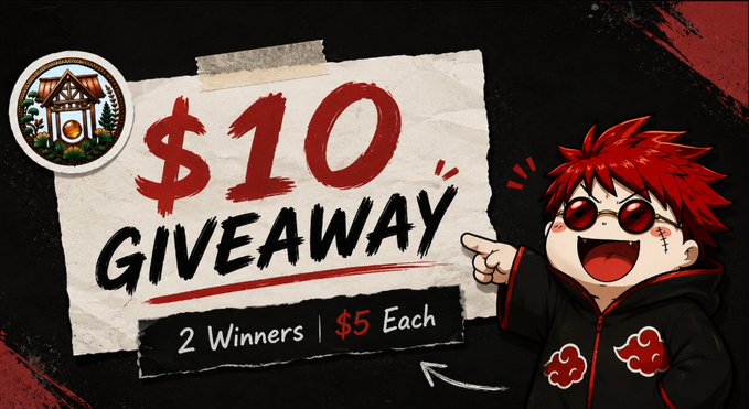 A promotional graphic for a '$10 GIVEAWAY' with '2 Winners | $5 Each', featuring a chibi-style anime character with red hair and sunglasses pointing at the text, alongside a small house logo.