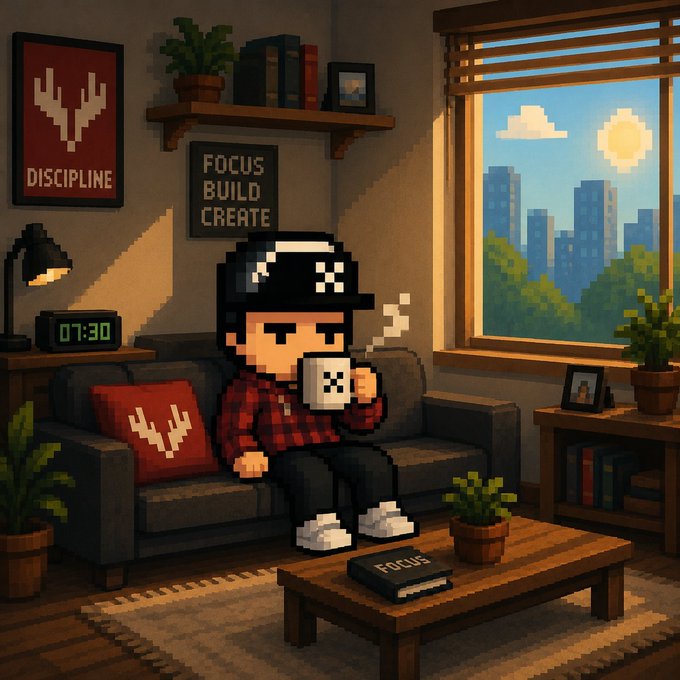 A pixel art scene shows a character wearing a black cap and red plaid shirt sitting on a couch drinking coffee, with framed signs reading "DISCIPLINE" and "FOCUS BUILD CREATE" on the wall behind them.
