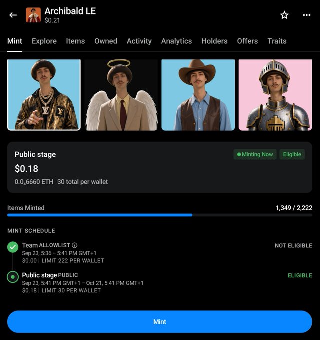 The image shows the OpenSea minting page for the "Archibald LE" NFT collection, featuring four character artwork thumbnails, with a mint price of $0.18 (0.0₆660 ETH), a limit of 30 per wallet, and 1,349 of 2,222 items already minted during the "Public stage." This aligns with the post, where the user confirms they minted a couple of these NFTs at the $0.18 price, acknowledging it was likely a small donation rather than an investment.