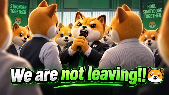 A cartoon-style image shows anthropomorphic Shiba Inu dogs wearing business attire, with one speaking into a microphone and a banner reading 'We are not leaving!!' alongside 'STRONGER TOGETHER' and 'HOOL SBABYDOGE TOGETHER' signs.