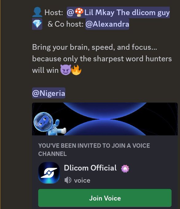 A screenshot of a Discord chat inviting users to a voice channel hosted by 'Lil Mkay The dlicom guy' and co-hosted by '@Alexandra' for a word hunting game.