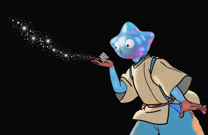 An artistic illustration of a blue, star-headed character in tan clothing holding a small object that emits a trail of sparkling stars against a black background.