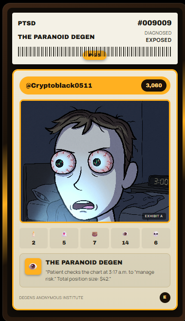 A digital trading card from the "Degen's Anonymous Institute" features a wide-eyed cartoon character labeled "THE PARANOID DEGEN" with "PTSD" branding (#009009), tagged @Cryptoblack0511, showing "Exhibit A" of a patient checking charts at 3:17 a.m. to "manage risk" with a total position size of $4.2. The card humorously illustrates the PTSD (Paranoid Degen) show's theme of late-night crypto trading anxiety, tying into the post's narrative of upcoming content and whitelist promotion.