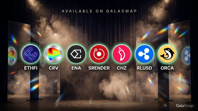 The image promotes GalaSwap with the text "AVAILABLE ON GALASWAP" displayed above a lineup of cryptocurrency logos including ETHFI, CRV, ENA, SRENDER, CHZ, RLUSD, and ORCA, set against a smoky stage with colorful lighting effects. This visually supports the post's announcement of new trading opportunities and TVL figures for various tokens on the GalaSwap decentralized exchange.