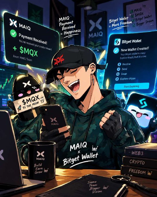 An anime-style illustration promotes a MAIQ x Bitget Wallet collaboration, showing an excited character in a MAIQ cap receiving payment with text including 'Payment Received = Happiness' and '$MQX', alongside a '$MQX to the moon' rocket toy and branded mug.