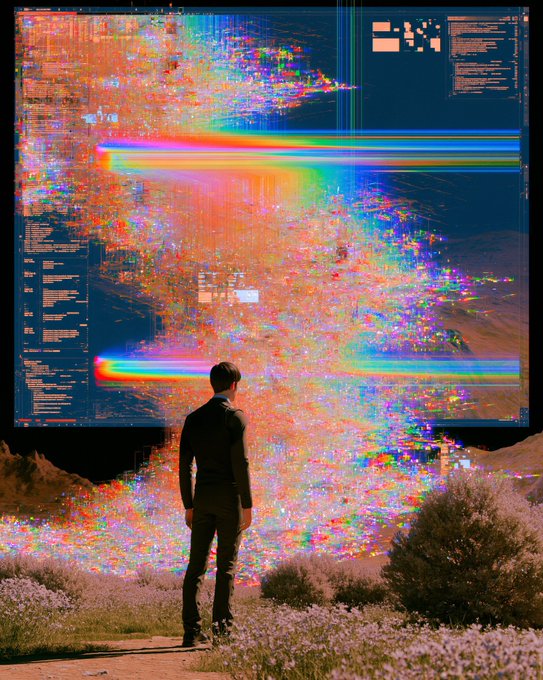 A man stands in a desert landscape looking up at a massive glitch-art display with colorful chromatic aberrations, static, and rainbow streaks against a dark blue background with code-like text.