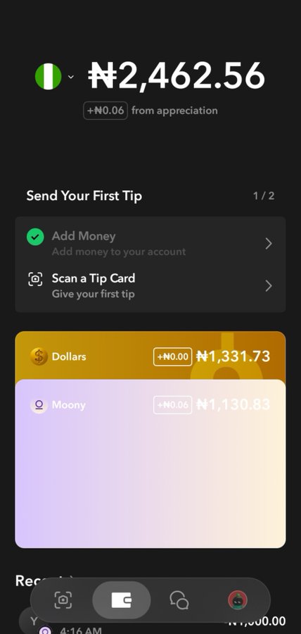 A mobile wallet app displays a Nigerian flag alongside a balance of ₦2,462.56 (+₦0.06 from appreciation), with prompts to "Send Your First Tip" by adding money and scanning a tip card, showing funds split between Dollars (₦1,331.73) and Moony (₦1,130.83). The interface illustrates the post's point about crypto's accessibility challenge—sending tips still requires multiple steps like funding accounts and scanning cards, which feels overly technical for everyday users who just want to move money easily.