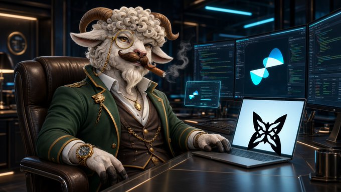 A digital artwork depicts a goat-like humanoid character with curled horns, glasses, and a mustache, dressed in a green jacket, sitting at a desk with a laptop and multiple monitors displaying code and logos.