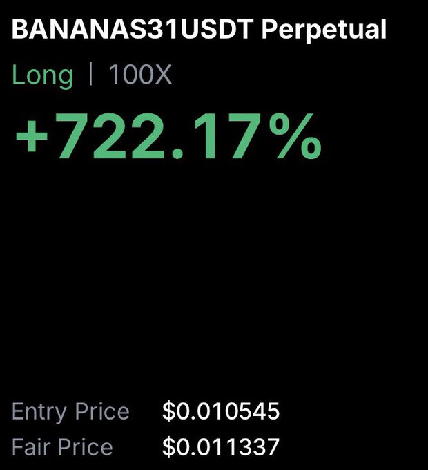 The title of a screen shot containing text about bananas, including a message saying "Bananas31USDTPerpetual Long X 100%X +7222.1%Perpetual". The numbers are arranged in a table with prices that read $0.01, $0.03, and $0.11. There is an image of bananas visible next to the table below the screen shot.