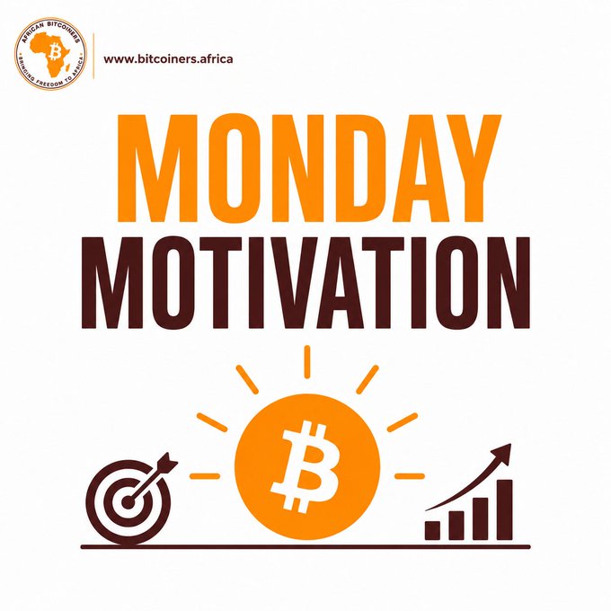 A motivational graphic from the African Bitcoiners Conference (www.bitcoiners.africa) featuring bold orange and brown text reading 'MONDAY MOTIVATION' above a Bitcoin logo, target, and growth chart illustration.