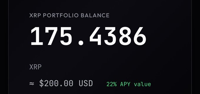 An XRP portfolio balance dashboard showing 175.4386 XRP worth approximately $200.00 USD with a 22% APY value.