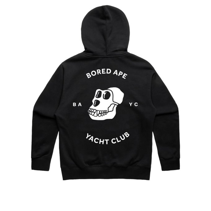 The image depicts a black hoodie with a white skull graphic on the back, wearing a "bored ape yacht club" text tag.