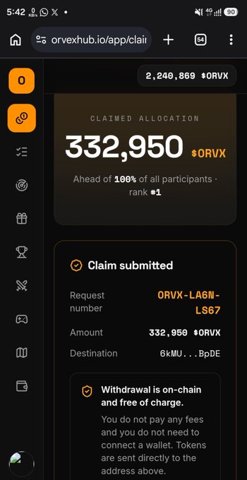 A screenshot of the OrvexHub.io claim portal showing a successful claim of 332,950 ORVX tokens (ahead of 100% of participants at rank #1), with withdrawal confirmed as on-chain and free of charge. The image directly supports the post by providing visual proof of the user's claimed $ORVX allocation, aligning with their message about having claimed tokens while cautioning others to maintain realistic expectations.