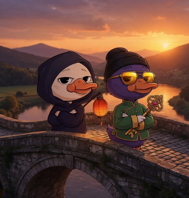 The image features two cartoon ducks standing on a stone bridge at sunset. One duck is wearing sunglasses and holding a lantern, while the other duck is dressed in traditional Chinese clothing with a key around its neck. The setting sun casts a warm glow over the scene, creating an atmosphere of tranquility and reflection.
