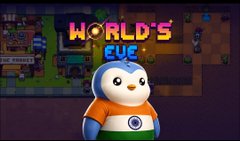 A vertically-oriented image showing a Penguin (Pororo character) mascot standing in front of a 'WORLDS 2024' sign in what appears to be a tournament venue.