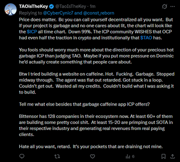 The image is a tweet by @TaoIsTheKey arguing that Bittensor ($TAO) is "SICK" due to OCP capturing 99% of staking yield while only half the traction exists, while praising competitors like Caffeine and Bittensor's actual 128-company ecosystem. It relates to the accompanying post as another example of a $TAO critic using technical criticisms about centralization and yield distribution to counter the "decentralized AI" narrative often promoted by the TAO community.