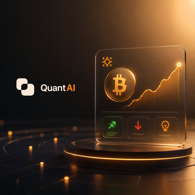 A promotional image for 'QuantAI' featuring a holographic Bitcoin display with an upward-trending chart and trading signal icons, set against a dark background with orange lighting.