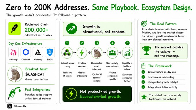 An infographic titled 'Zero to 200K Addresses. Same Playbook. Ecosystem Design.' by @lumen0x, illustrating how a blockchain network grew to 200,000+ Robinhood Chain addresses in one week through structured ecosystem-led growth, with $CASHCAT as the breakout asset.