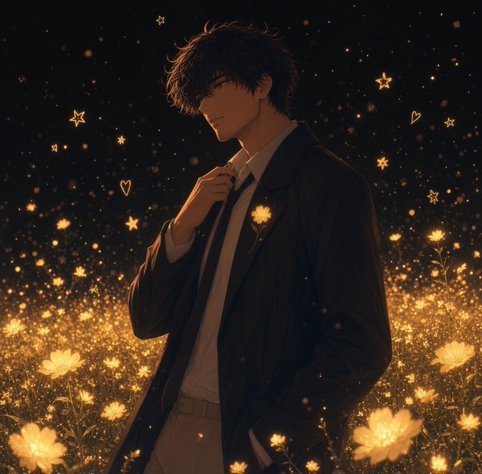 An anime-style illustration of a young man with curly dark hair wearing a black coat over a white shirt, standing in a field of glowing yellow flowers under a starry night sky.