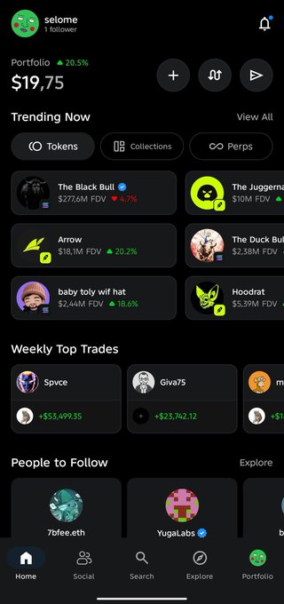 A mobile app screenshot showing a crypto portfolio tracker with trending tokens like The Black Bull, Arrow, and Hoodrat, plus weekly top trades and a 'People to Follow' section.
