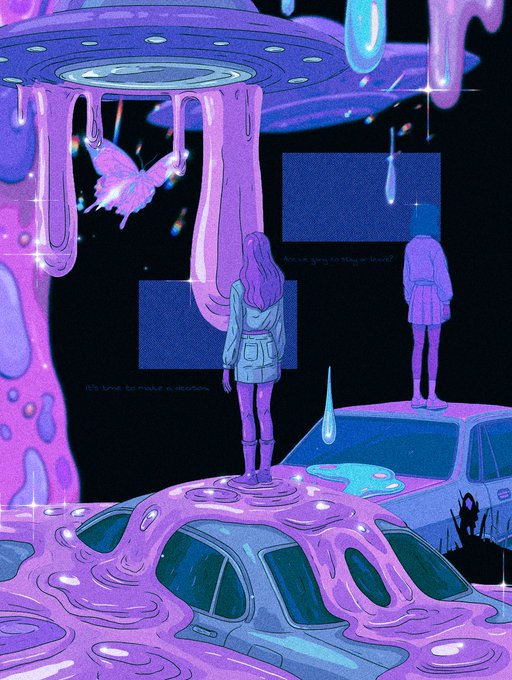 Surreal digital illustration with a purple color palette, featuring two girls standing on a car covered in a dripping purple substance, set against a dark background with glowing stars and a butterfly.