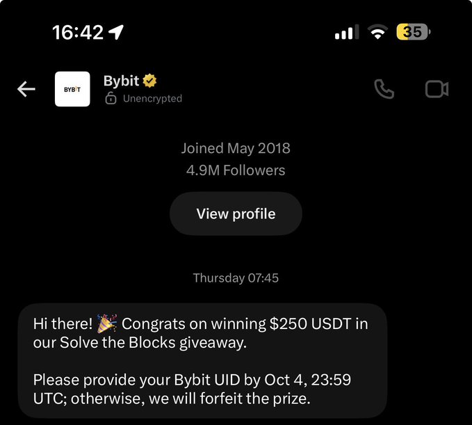 A direct message from Bybit congratulating the user on winning $250 USDT in their "Solve the Blocks" giveaway, asking them to provide their Bybit UID by Oct 4, 23:59 UTC or risk forfeiting the prize. The post celebrates this as the user's first win of October and first big win of the year.