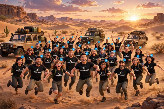 A stylized, illustrated image of a large group of people in "CRYPTO_MOMENT" shirts celebrating joyfully in a desert landscape at sunset with off-road vehicles.