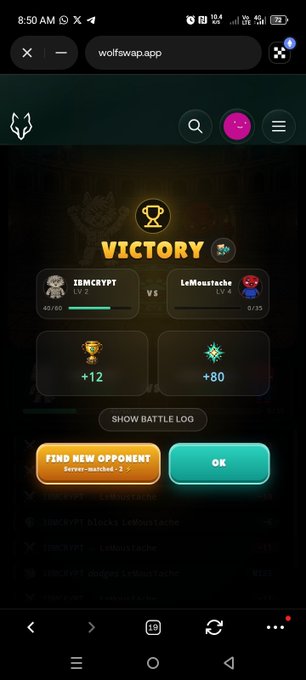 The image features a cellphone displaying a screenshot of Wolfswap's website. The screenshot shows two victory statuses displayed on the page, one for a player who managed to get 12th point at last level, and another for a player who has already reached their 10th points in that level. Both players have achieved a total of 18 win points combined.